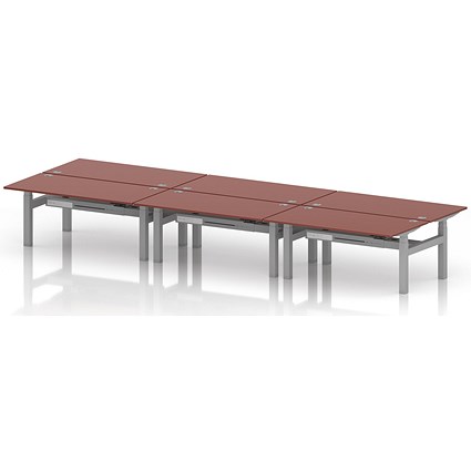 Air 6 Person Sit-Standing Bench Desk, Back to Back, 6 x 1600mm (800mm Deep), Silver Frame, Brick Red