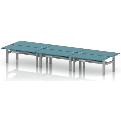 Air 6 Person Sit-Standing Bench Desk, Back to Back, 6 x 1600mm (800mm Deep), Silver Frame, Dark Teal