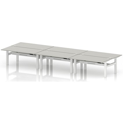 Air 6 Person Sit-Standing Bench Desk, Back to Back, 6 x 1600mm (800mm Deep), White Frame, Dove Grey