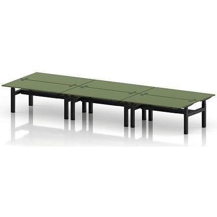 Air 6 Person Sit-Standing Bench Desk, Back to Back, 6 x 1600mm (800mm Deep), Black Frame, Moss Green