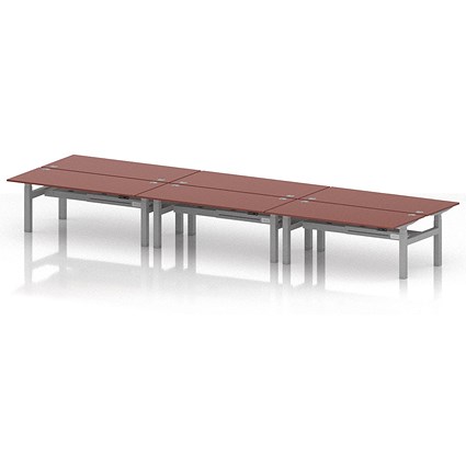 Air 6 Person Sit-Standing Bench Desk, Back to Back, 6 x 1800mm (800mm Deep), Silver Frame, Brick Red