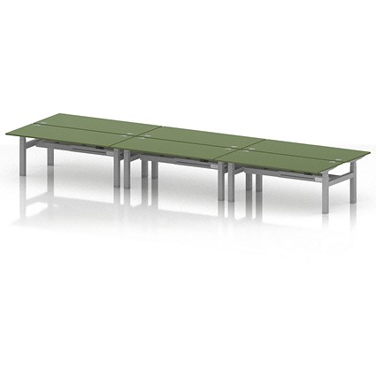 Air 6 Person Sit-Standing Bench Desk, Back to Back, 6 x 1800mm (800mm Deep), Silver Frame, Moss Green