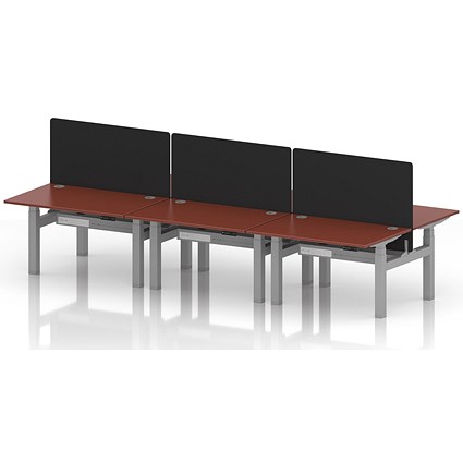 Air 6 Person Sit-Standing Bench Desk with Black Straight Screen, Back to Back, 6 x 1200mm (800mm Deep), Silver Frame, Brick Red