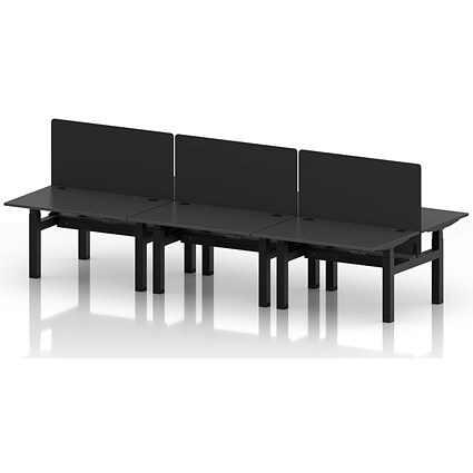 Air 6 Person Sit-Standing Bench Desk with Black Straight Screen, Back to Back, 6 x 1200mm (800mm Deep), Black Frame, Carbon Grey