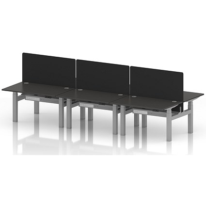 Air 6 Person Sit-Standing Bench Desk with Black Straight Screen, Back to Back, 6 x 1200mm (800mm Deep), Silver Frame, Carbon Grey