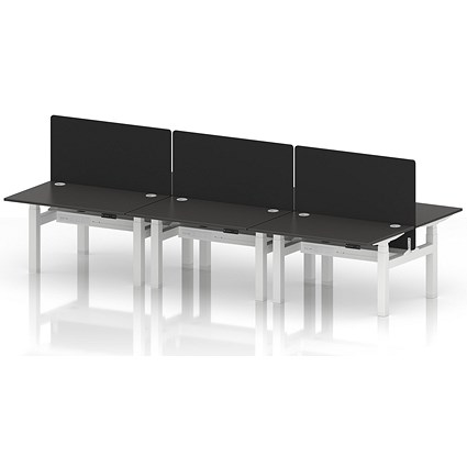 Air 6 Person Sit-Standing Bench Desk with Black Straight Screen, Back to Back, 6 x 1200mm (800mm Deep), White Frame, Carbon Grey