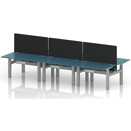 Air 6 Person Sit-Standing Bench Desk with Black Straight Screen, Back to Back, 6 x 1200mm (800mm Deep), Silver Frame, Dark Teal