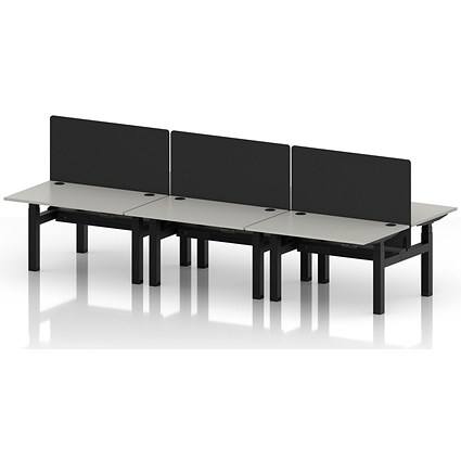 Air 6 Person Sit-Standing Bench Desk with Black Straight Screen, Back to Back, 6 x 1200mm (800mm Deep), Black Frame, Dove Grey