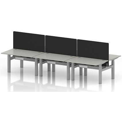 Air 6 Person Sit-Standing Bench Desk with Black Straight Screen, Back to Back, 6 x 1200mm (800mm Deep), Silver Frame, Dove Grey
