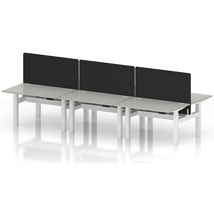 Air 6 Person Sit-Standing Bench Desk with Black Straight Screen, Back to Back, 6 x 1200mm (800mm Deep), White Frame, Dove Grey