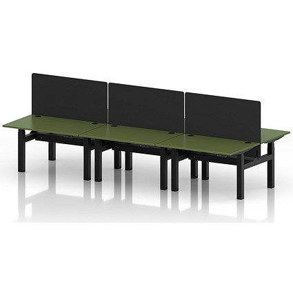 Air 6 Person Sit-Standing Bench Desk with Black Straight Screen, Back to Back, 6 x 1200mm (800mm Deep), Black Frame, Moss Green