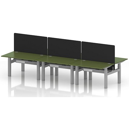 Air 6 Person Sit-Standing Bench Desk with Black Straight Screen, Back to Back, 6 x 1200mm (800mm Deep), Silver Frame, Moss Green