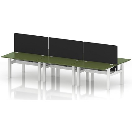 Air 6 Person Sit-Standing Bench Desk with Black Straight Screen, Back to Back, 6 x 1200mm (800mm Deep), White Frame, Moss Green