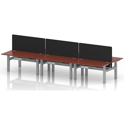 Air 6 Person Sit-Standing Bench Desk with Black Straight Screen, Back to Back, 6 x 1400mm (800mm Deep), Silver Frame, Brick Red