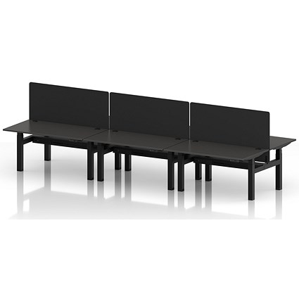 Air 6 Person Sit-Standing Bench Desk with Black Straight Screen, Back to Back, 6 x 1400mm (800mm Deep), Black Frame, Carbon Grey