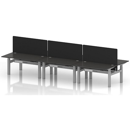 Air 6 Person Sit-Standing Bench Desk with Black Straight Screen, Back to Back, 6 x 1400mm (800mm Deep), Silver Frame, Carbon Grey