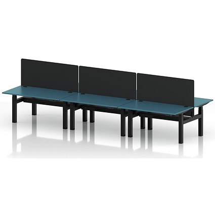 Air 6 Person Sit-Standing Bench Desk with Black Straight Screen, Back to Back, 6 x 1400mm (800mm Deep), Black Frame, Dark Teal
