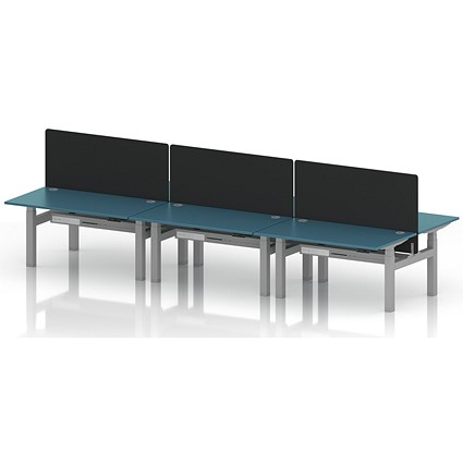 Air 6 Person Sit-Standing Bench Desk with Black Straight Screen, Back to Back, 6 x 1400mm (800mm Deep), Silver Frame, Dark Teal