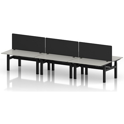 Air 6 Person Sit-Standing Bench Desk with Black Straight Screen, Back to Back, 6 x 1400mm (800mm Deep), Black Frame, Dove Grey