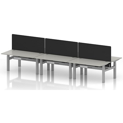Air 6 Person Sit-Standing Bench Desk with Black Straight Screen, Back to Back, 6 x 1400mm (800mm Deep), Silver Frame, Dove Grey