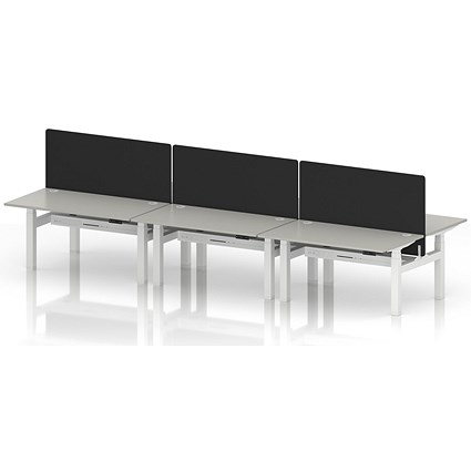 Air 6 Person Sit-Standing Bench Desk with Black Straight Screen, Back to Back, 6 x 1400mm (800mm Deep), White Frame, Dove Grey
