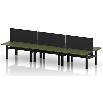 Air 6 Person Sit-Standing Bench Desk with Black Straight Screen, Back to Back, 6 x 1400mm (800mm Deep), Black Frame, Moss Green