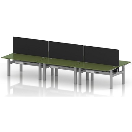 Air 6 Person Sit-Standing Bench Desk with Black Straight Screen, Back to Back, 6 x 1400mm (800mm Deep), Silver Frame, Moss Green