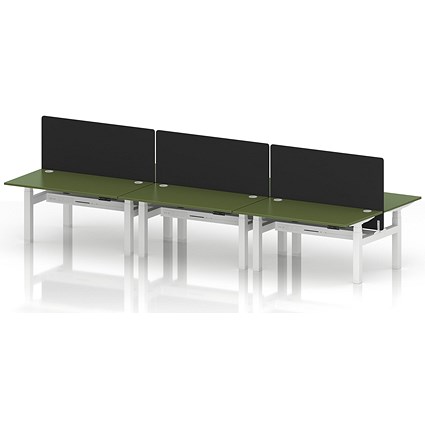 Air 6 Person Sit-Standing Bench Desk with Black Straight Screen, Back to Back, 6 x 1400mm (800mm Deep), White Frame, Moss Green