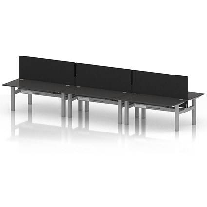 Air 6 Person Sit-Standing Bench Desk with Black Straight Screen, Back to Back, 6 x 1600mm (800mm Deep), Silver Frame, Carbon Grey