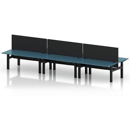 Air 6 Person Sit-Standing Bench Desk with Black Straight Screen, Back to Back, 6 x 1600mm (800mm Deep), Black Frame, Dark Teal