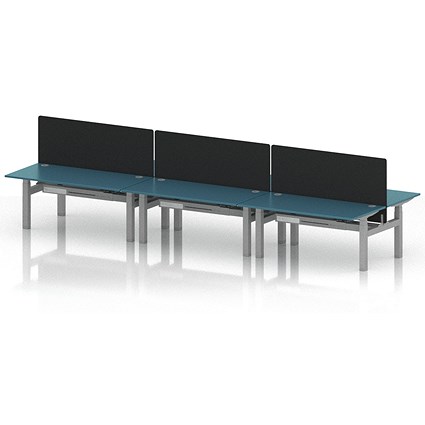 Air 6 Person Sit-Standing Bench Desk with Black Straight Screen, Back to Back, 6 x 1600mm (800mm Deep), Silver Frame, Dark Teal