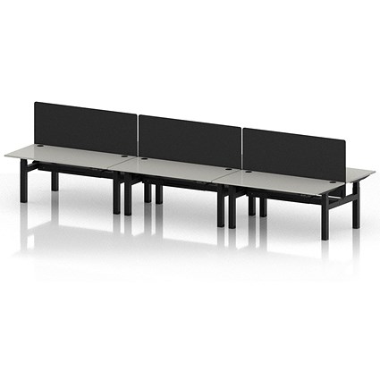Air 6 Person Sit-Standing Bench Desk with Black Straight Screen, Back to Back, 6 x 1600mm (800mm Deep), Black Frame, Dove Grey