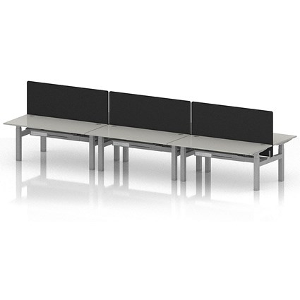 Air 6 Person Sit-Standing Bench Desk with Black Straight Screen, Back to Back, 6 x 1600mm (800mm Deep), Silver Frame, Dove Grey