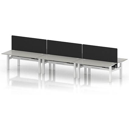 Air 6 Person Sit-Standing Bench Desk with Black Straight Screen, Back to Back, 6 x 1600mm (800mm Deep), White Frame, Dove Grey