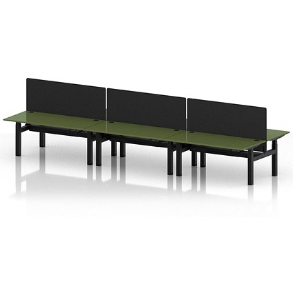Air 6 Person Sit-Standing Bench Desk with Black Straight Screen, Back to Back, 6 x 1600mm (800mm Deep), Black Frame, Moss Green