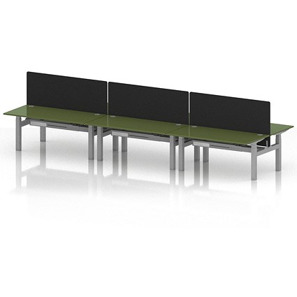 Air 6 Person Sit-Standing Bench Desk with Black Straight Screen, Back to Back, 6 x 1600mm (800mm Deep), Silver Frame, Moss Green