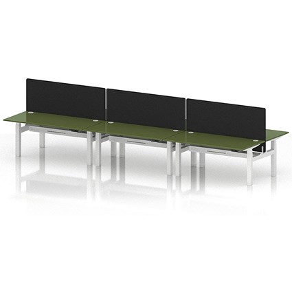 Air 6 Person Sit-Standing Bench Desk with Black Straight Screen, Back to Back, 6 x 1600mm (800mm Deep), White Frame, Moss Green