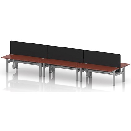 Air 6 Person Sit-Standing Bench Desk with Black Straight Screen, Back to Back, 6 x 1800mm (800mm Deep), Silver Frame, Brick Red