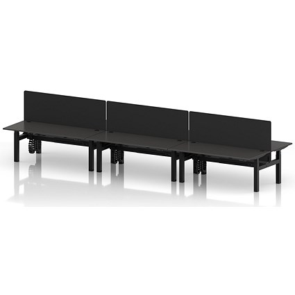 Air 6 Person Sit-Standing Bench Desk with Black Straight Screen, Back to Back, 6 x 1800mm (800mm Deep), Black Frame, Carbon Grey
