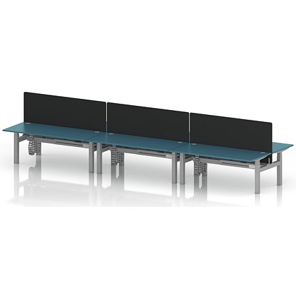 Air 6 Person Sit-Standing Bench Desk with Black Straight Screen, Back to Back, 6 x 1800mm (800mm Deep), Silver Frame, Dark Teal