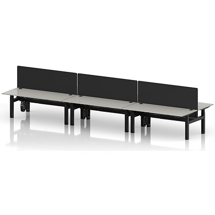 Air 6 Person Sit-Standing Bench Desk with Black Straight Screen, Back to Back, 6 x 1800mm (800mm Deep), Black Frame, Dove Grey