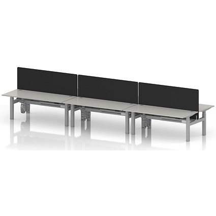 Air 6 Person Sit-Standing Bench Desk with Black Straight Screen, Back to Back, 6 x 1800mm (800mm Deep), Silver Frame, Dove Grey