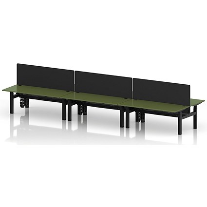 Air 6 Person Sit-Standing Bench Desk with Black Straight Screen, Back to Back, 6 x 1800mm (800mm Deep), Black Frame, Moss Green