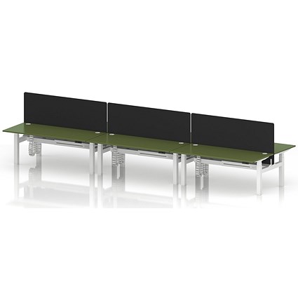 Air 6 Person Sit-Standing Bench Desk with Black Straight Screen, Back to Back, 6 x 1800mm (800mm Deep), White Frame, Moss Green