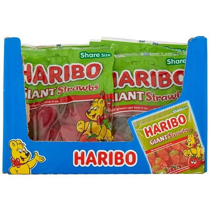 Haribo Giant Strawbs Sweets Bag, 160g, Pack of 12