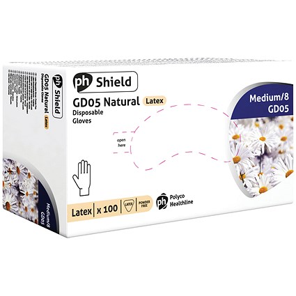 Shield Powder-Free Latex Gloves, Medium, Natural, Pack of 100
