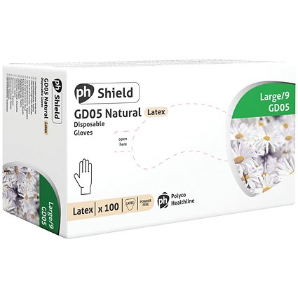 Shield Powder-Free Latex Gloves, Large, Natural, Pack of 100