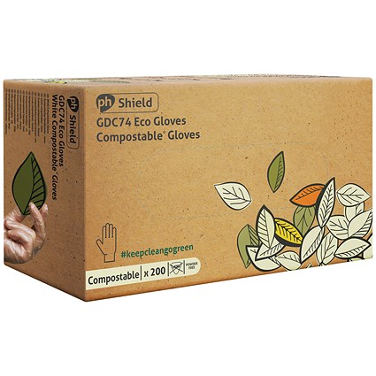 Shield Compostable Disposable Gloves, Large, White, Pack of 200
