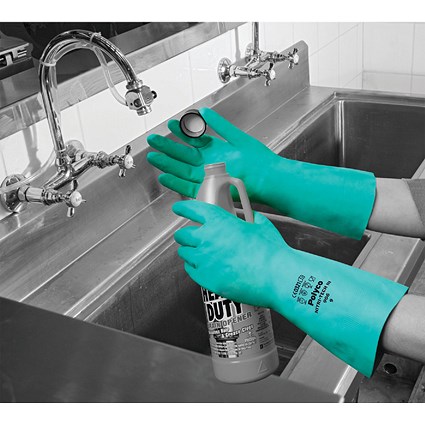 Polyco Nitri-Tech III Flock Lined Nitrile Synthetic Rubber Gloves, Large, Green