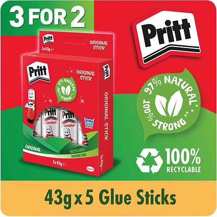 Pritt Stick Glue, Large, 43g, Pack of 5 - 3 Pack Saver Bundle